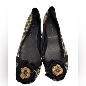 VERA WANG Black Tan Weave Raffia Flower Espadrille 6.5 M